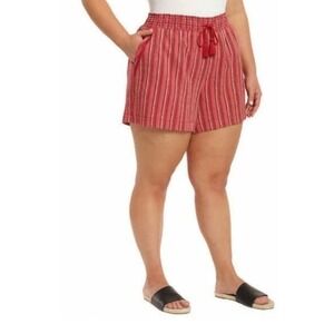 Briggs Womens Red Striped Linen Blend Smocked Waist Tassel Pull On Shorts Size M